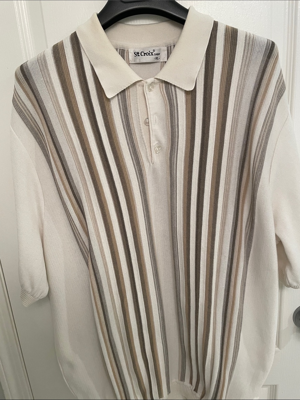 St. Croix Cream Polo with Vertical Brown & Gray Stripes